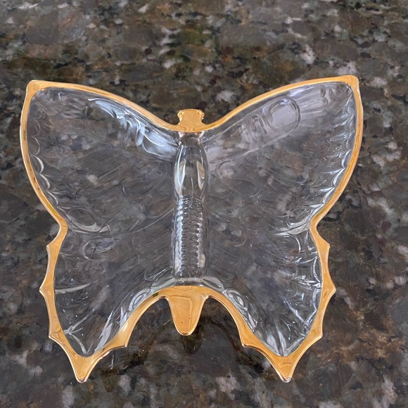 Glass butterfly dish with gold trim around the edge. - Picture 1 of 2
